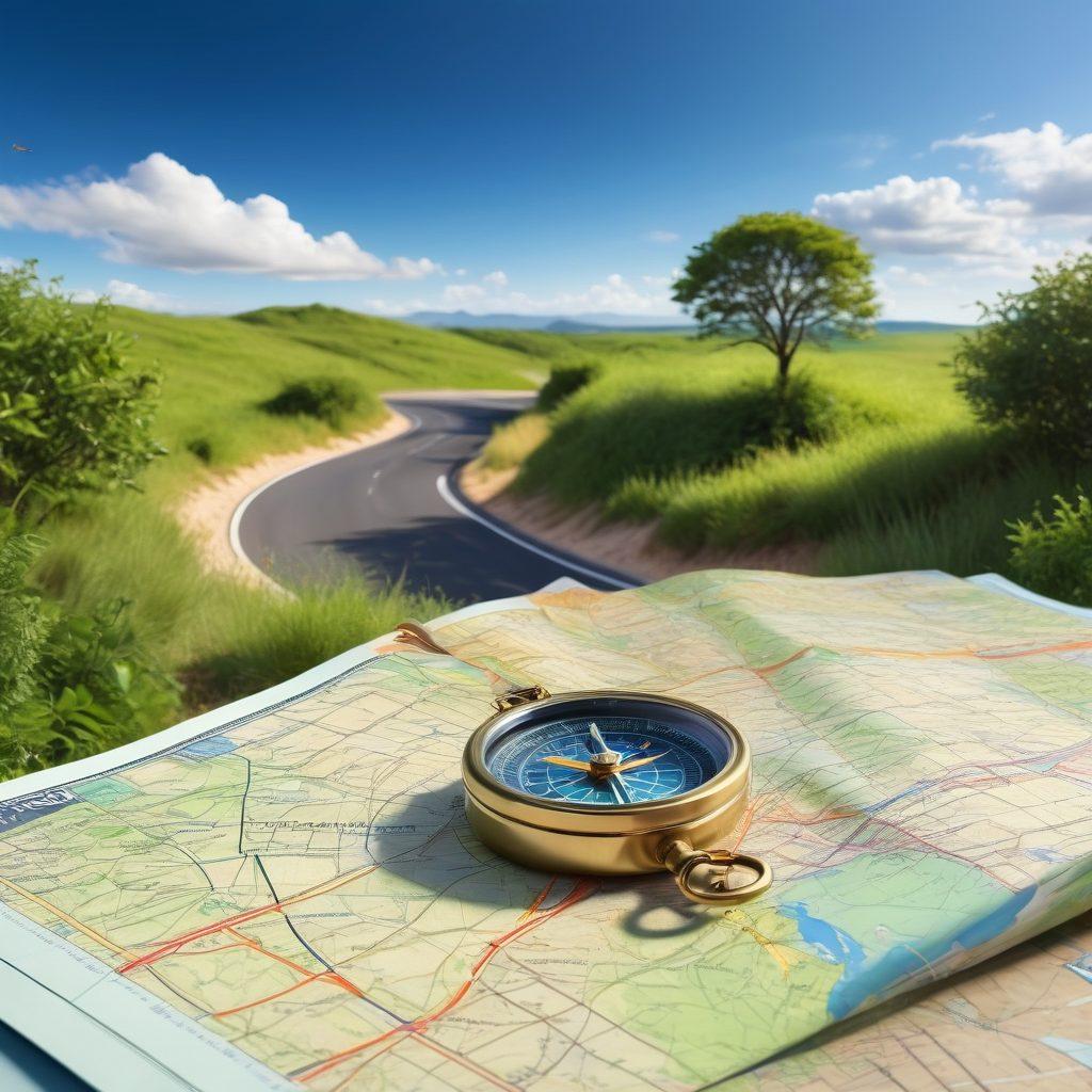 A detailed roadmap winding through a serene landscape, with signposts indicating financial tips like 'Budgeting', 'Investments', and 'Insurance'. Include a confident traveler holding a compass, symbolizing guidance through financial decisions. The background should feature a clear blue sky and lush greenery, representing growth and security. super-realistic. vibrant colors.