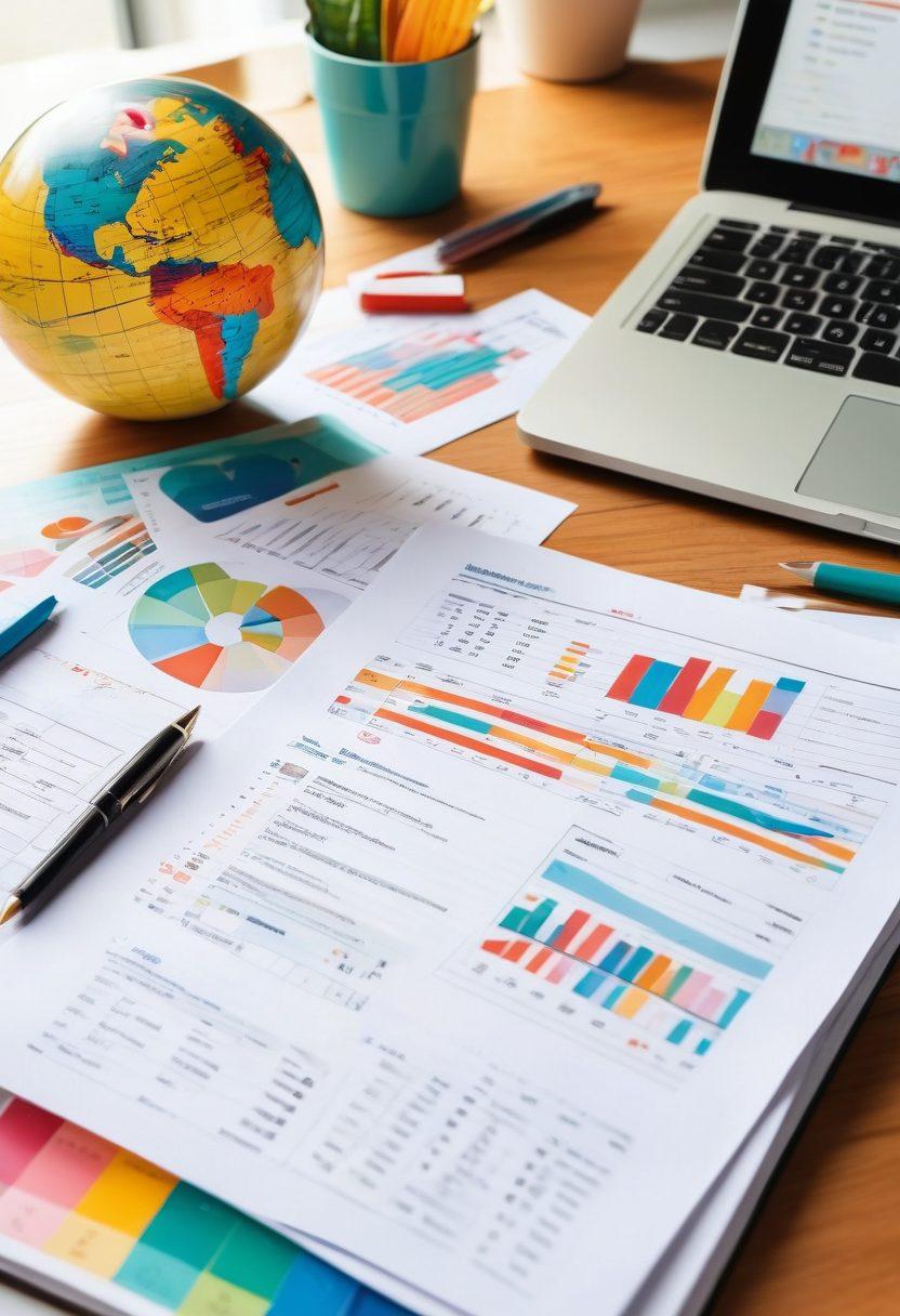 A well-organized desk with open insurance policy documents, a calculator, and a strategic planning notebook, surrounded by colorful financial charts and a globe depicting world coverage. In the background, a person thoughtfully reviewing the documents with a confident smile, symbolizing mastery in insurance. bright colors, super-realistic, modern design.